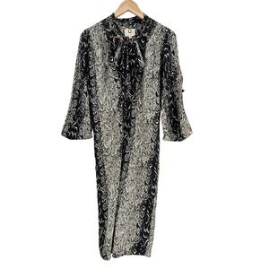 Maison Mayle Womens 100% Silk Snake Print Tie Neck Midi Dress Black Cream 4 USA